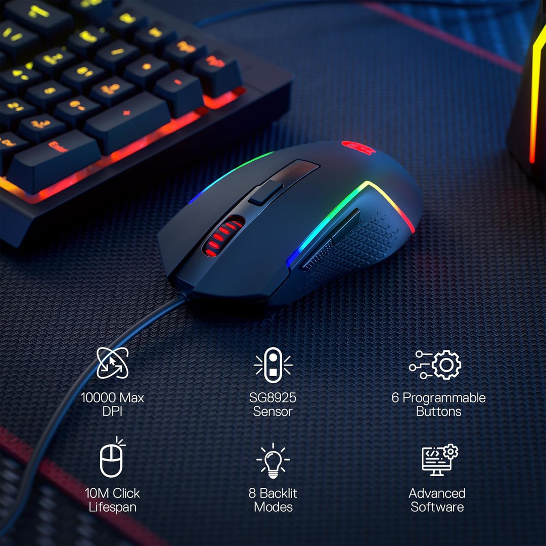 Redragon M616 RGB-Gaming-Maus, kabelgebundene optische Maus mit 10000 DPI, 6 programmierbaren Tasten