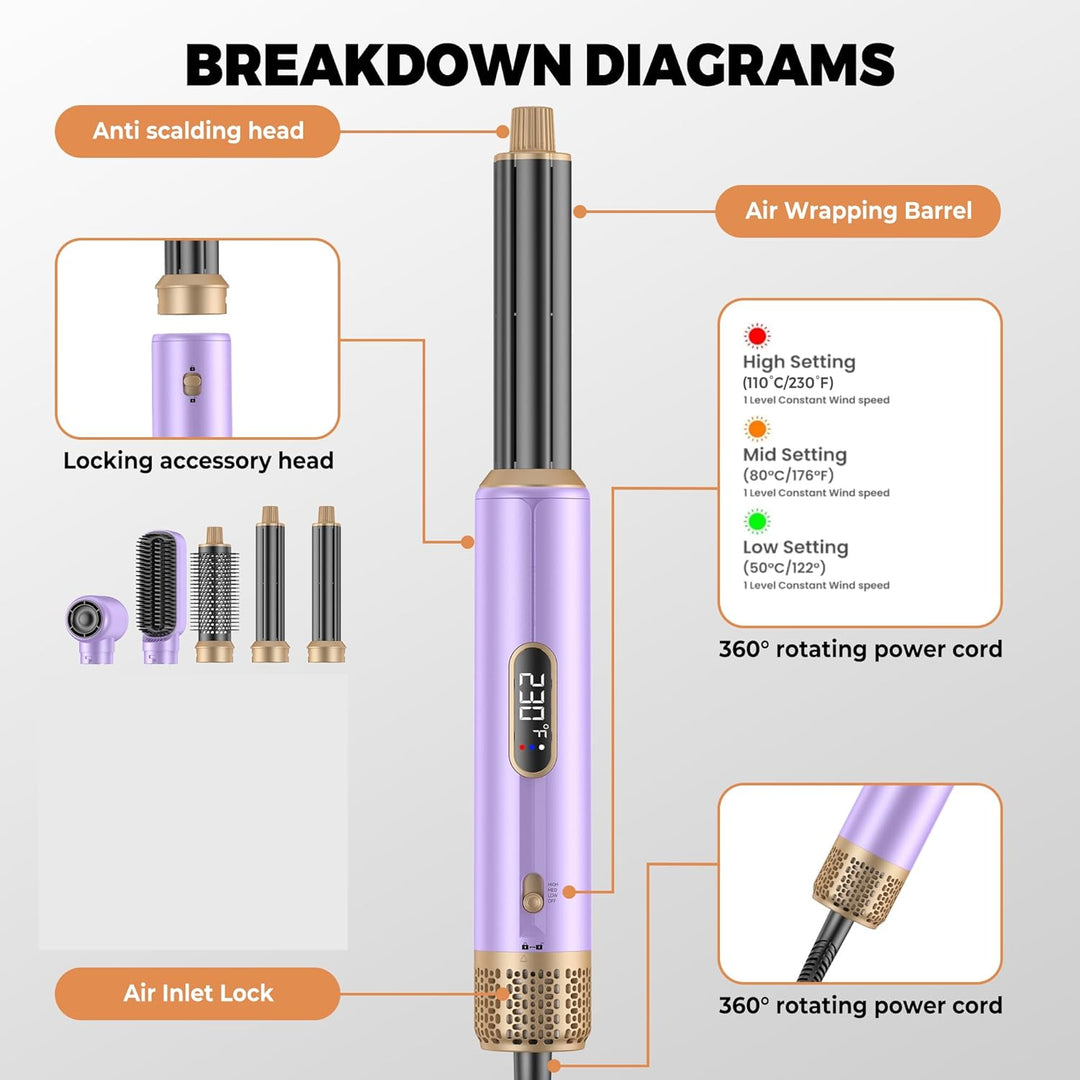 Pro Airstyler 5 in 1 Set, Air brush Hairstyler Ionen Föhnbürste mit 30mm Warmluft-Lockenstab | Haars