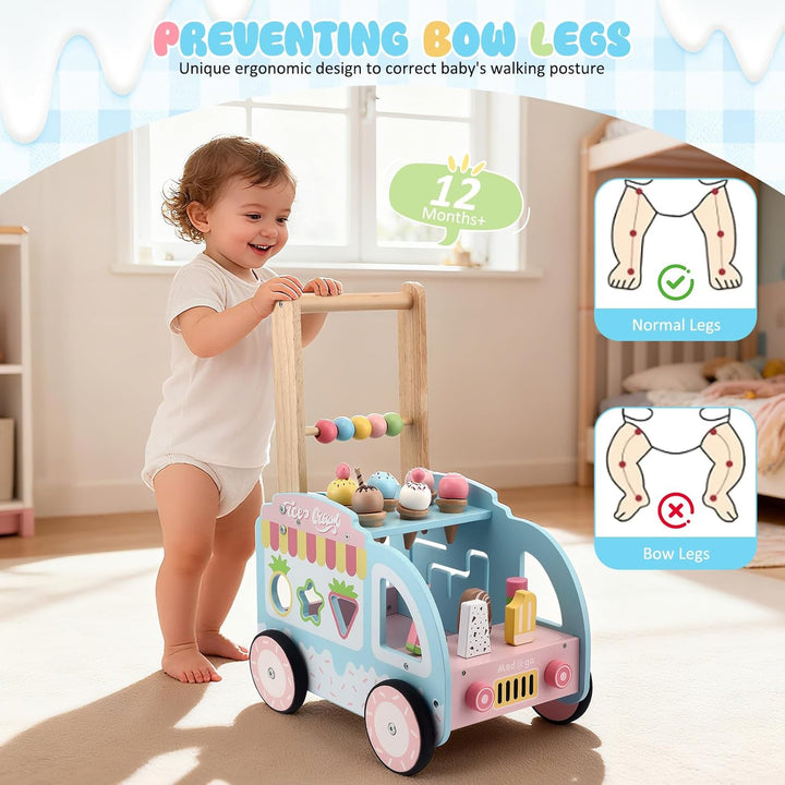 Lauflernwagen Holz, Lauflernwagen im Eiswagen-Thema mit Rädern, Lauflernhilfe Montessori Spielzeug M