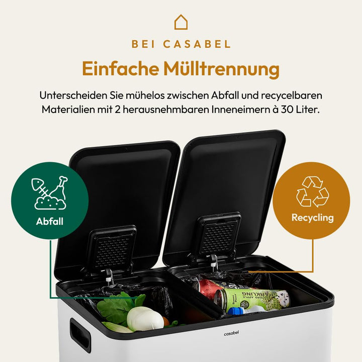 CASABEL Recycling-Mülleimer 60L - 2 x 30 Liter, Doppelfächer 2x30L, weisser Edelstahl, rechteckiger