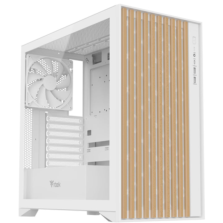 Itek Case Woody - Gaming Tower, ATX, 3x14cm White Fan, 2xUSB3, Type-C, Wood Front, Temp Glass Side P