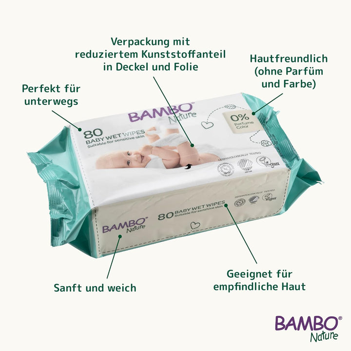 Bambo Nature Baby-Feuchttücher - 960 Tücher - 12er Vorratspack | Feuchtigkeitsspendende sanfte Tüche