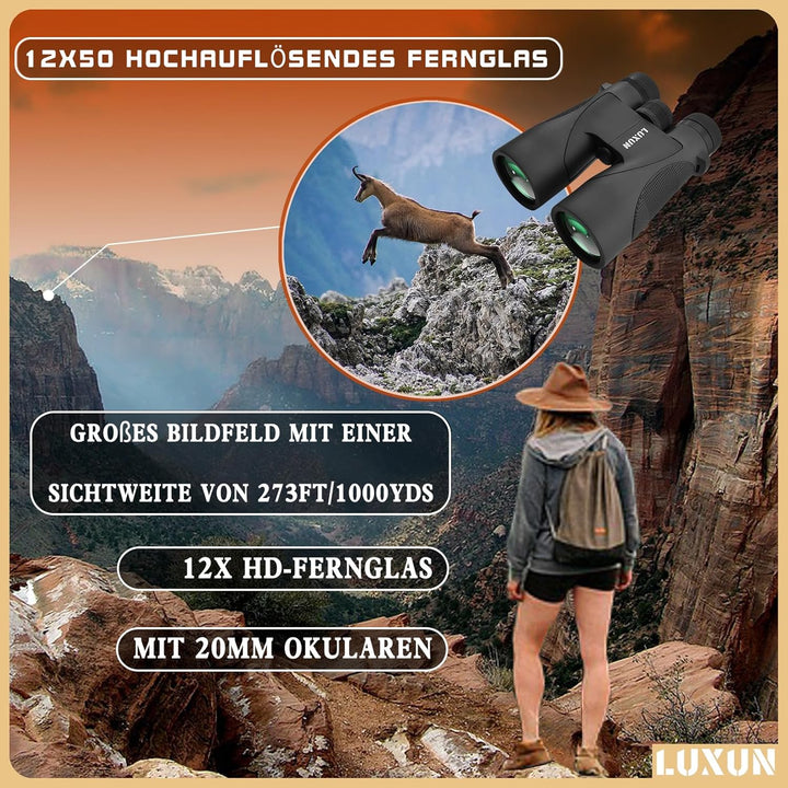 LUXUN 12x50 HD Fernglas für Erwachsene, Fernglas mit Smartphone Adapter Tragetasche, 20mm grosses Ok