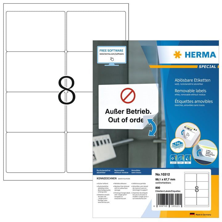 HERMA 10312 Universal Etiketten blickdicht ablösbar, 100 Blatt, 99,1 x 67,7 mm, 8 Stück pro A4 Bogen