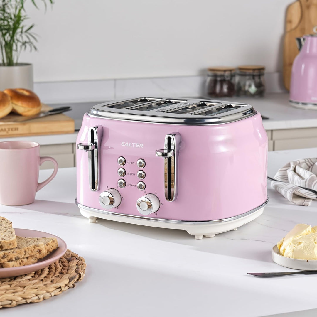Salter Retro Toaster 4 Scheiben – Breite Schlitze, 6 Bräunungsgrad, Auftauen, Aufwärmen, Abbrechen F