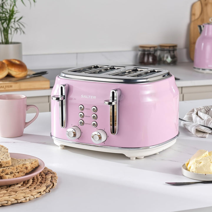 Salter Retro Toaster 4 Scheiben – Breite Schlitze, 6 Bräunungsgrad, Auftauen, Aufwärmen, Abbrechen F