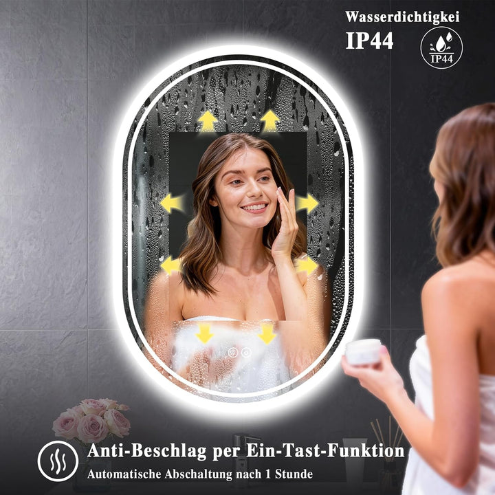 Badspiegel mit Beleuchtung 50x70cm: LED-Badezimmerspiegel Oval Badezimmer Spiegel mit Beschlagfrei,