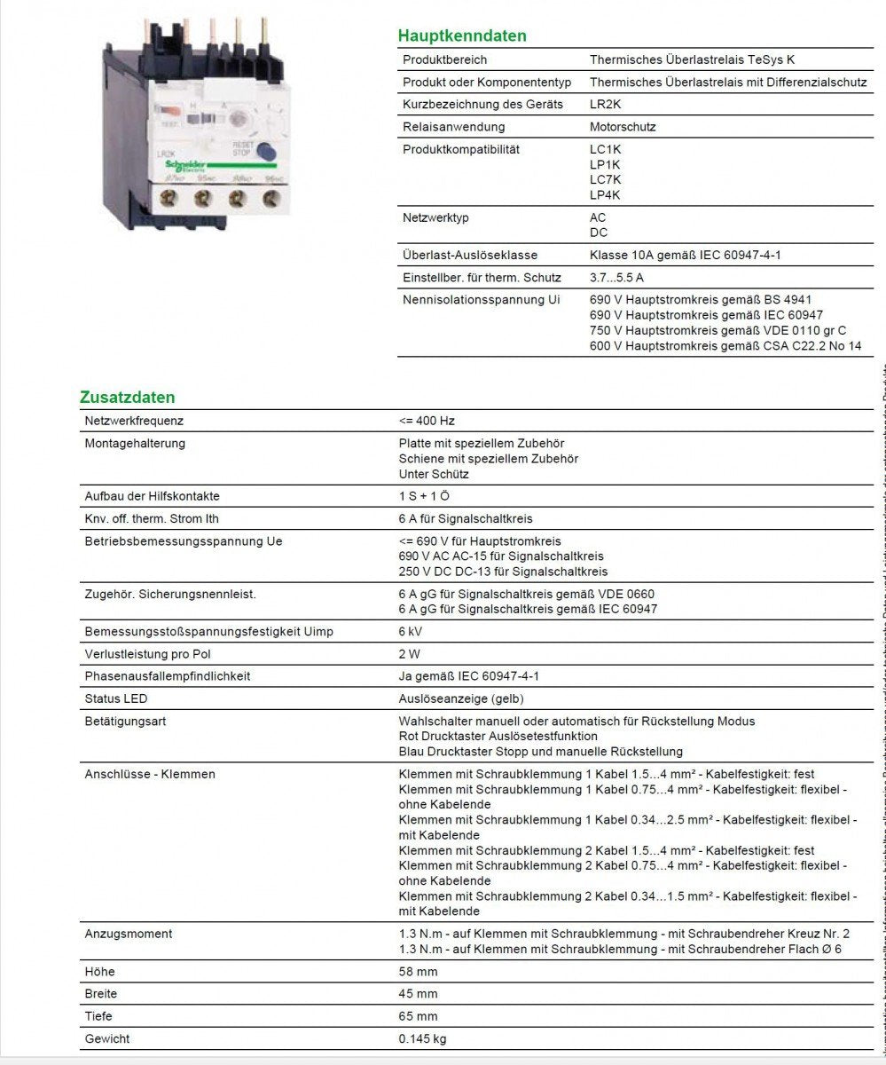 Schneider Electric LR2K0312 Motorschutzrelais, 3,7-5,5A, 1S+1Ö, Klasse 10A 3.7-5.5A, 3.7-5.5A