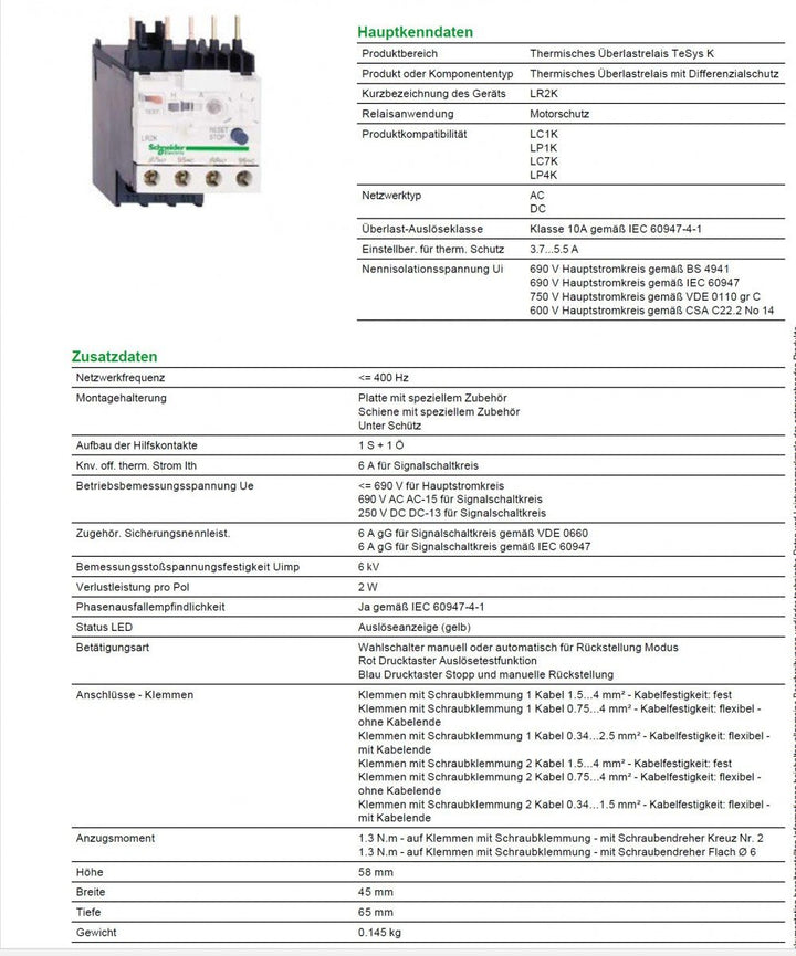 Schneider Electric LR2K0312 Motorschutzrelais, 3,7-5,5A, 1S+1Ö, Klasse 10A 3.7-5.5A, 3.7-5.5A