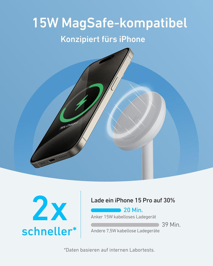 Anker MagGo kabellose Ladestation, 15W Qi2 für MagSafe, Ständer mit USB-C Kabel, Magnetisches Ladege