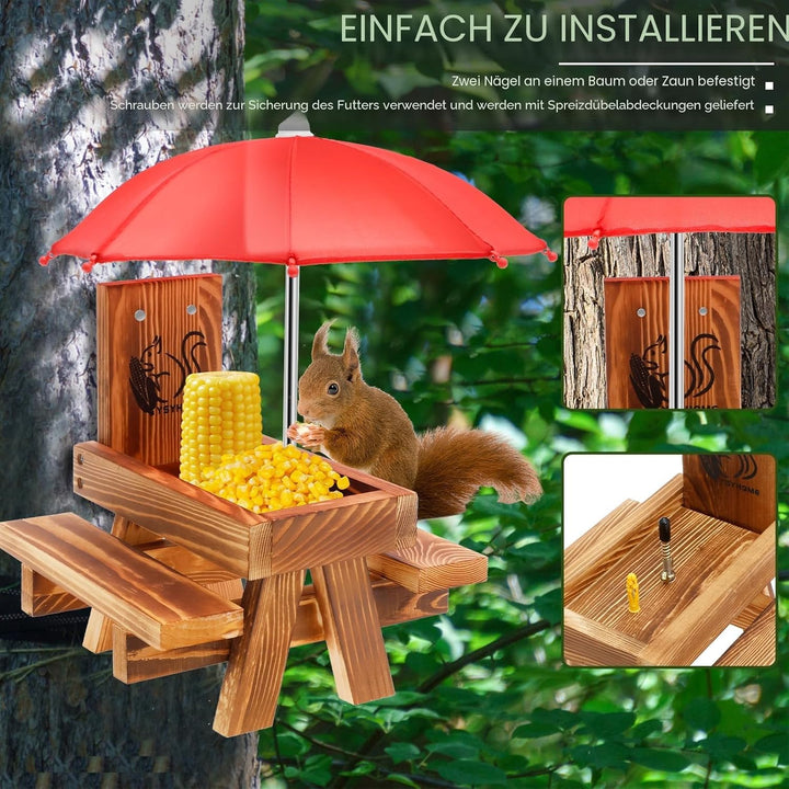 Eichhörnchen Futterhaus Wetterfest mit Regenschirm,Eichhörnchenfutterhaus für draussen Lustiger Pick