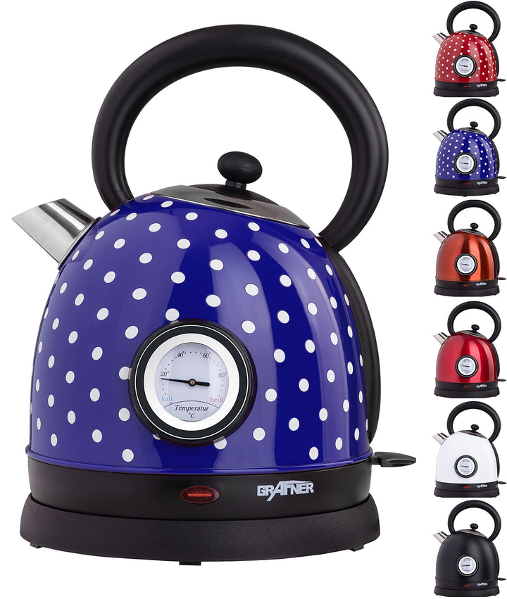 Grafner Retro Wasserkocher mit Temperaturanzeige, 2200 Watt, 1,8 Liter, Edelstahl-Korpus, Wunschfarb