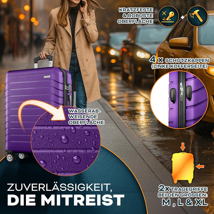 tillvex® Reisekoffer Set 3-TLG. + Gepäckwaage, 3X Koffergurte & 3X Kofferanhänger | Kofferset 4 Roll