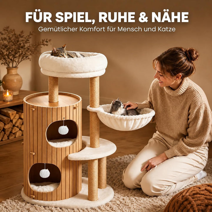 Premium kratzbaum mit 2er Kratztonne, Katzenbaum＆Grosse Plattformen | Sisalstämme, Kratzrampe, Katze