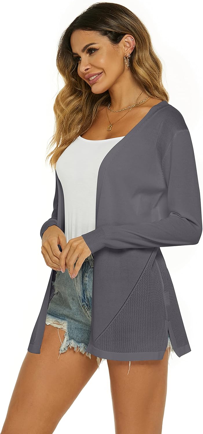 Damen Strickjacke Sommer Cardigan Elegant Lang Jacke Leichte Langarm Offene Strickjacke Sommerjacke,