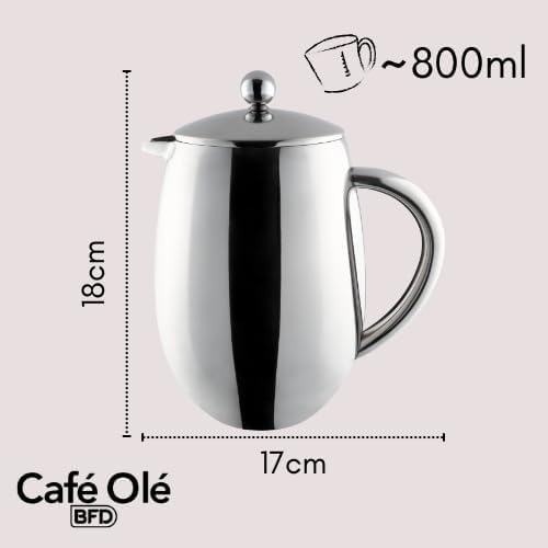 Café Olé BFD-06 Doppelwandiger, Bauchiger Kaffeebereiter aus hochwertigem Edelstahl 18/10 – Hochglan