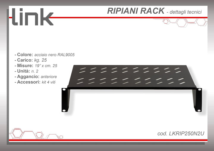 LINK Regal für Schrank 19 Zoll, 2 Einheiten Tiefe 250 mm (Universal) Farbe Schwarz