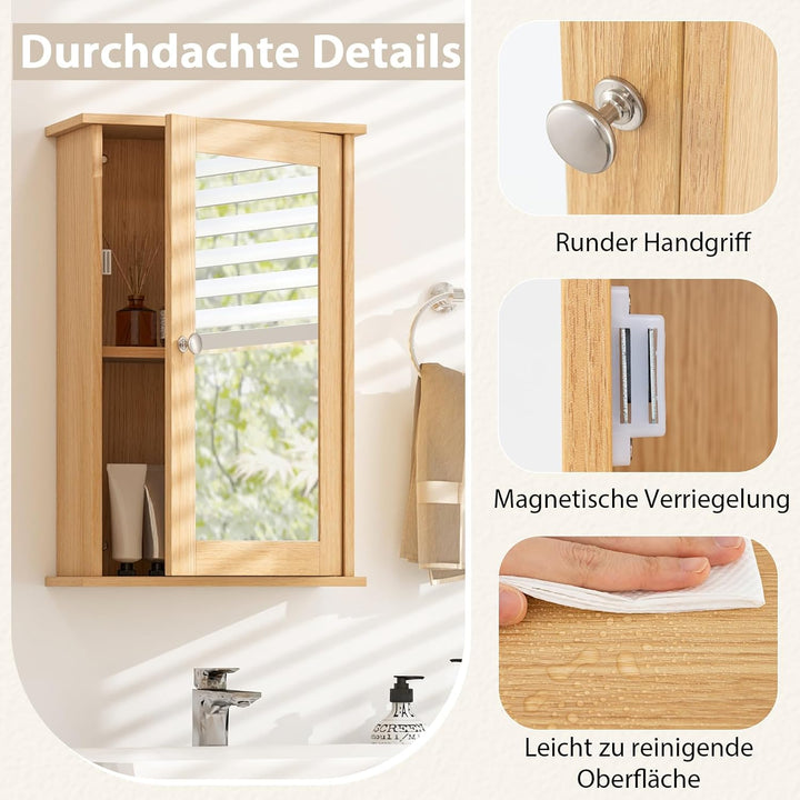 COSTWAY Bad Spiegelschrank, Hängeschrank mit Spiegeltür & Verstellbarer Ablage, Wandschrank Holz, Ba