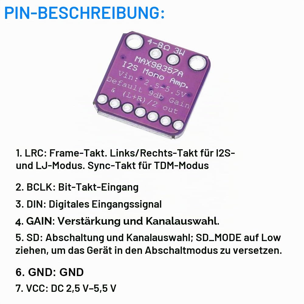 2 Stück MAX98357 Audio Leistungsverstärkermodul I2S Klasse D Filterlose Audioverstärkerplatine für R