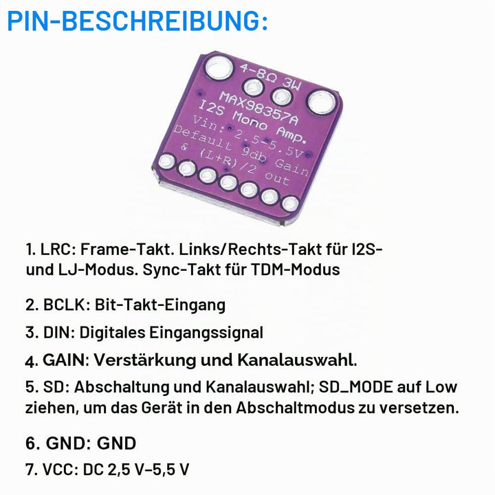 2 Stück MAX98357 Audio Leistungsverstärkermodul I2S Klasse D Filterlose Audioverstärkerplatine für R