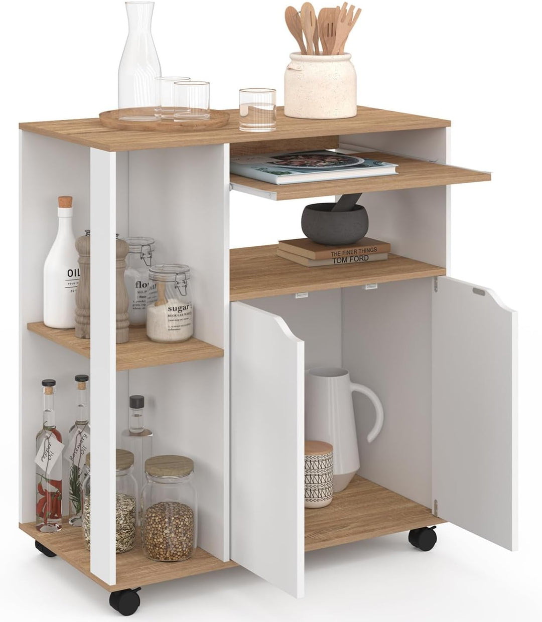 IDMarket - Küchenwagen Cosi, Holz, weiss und Platten in Buche-Optik, Länge 76 cm