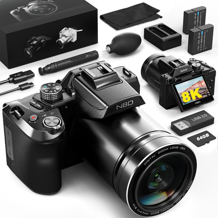 Fotokamera Digitale Monitech 64 MP 8K Kamera für Fotografie mit 2,8-Zoll-Klappdisplay & Blitzschuh,