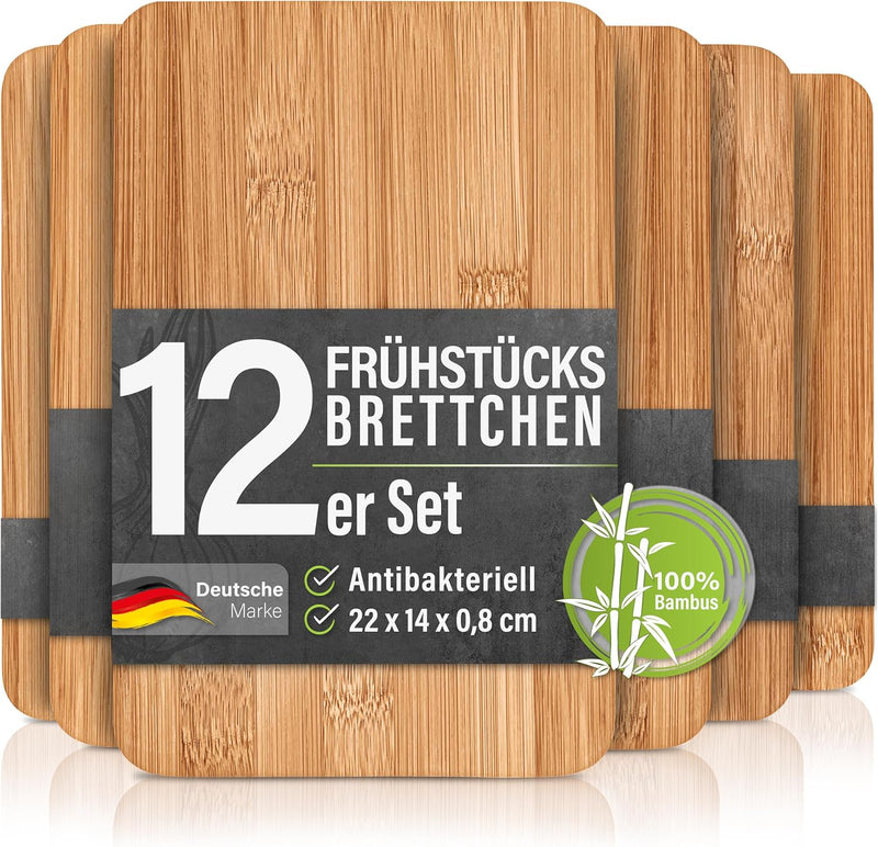 12er-Set Frühstücksbrettchen aus Bambus Holz - 22x14x0,8cm Holzbrettchen Set Brettchen Frühstücksbre