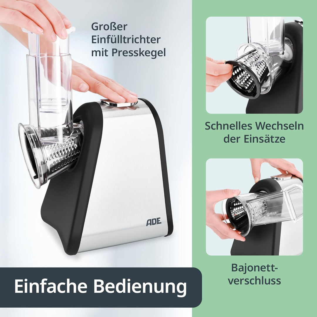 ADE Küchenreibe elektrisch, Gemüseschneider, Parmesanreibe, Gemüsereibe, Käsereibe, Gemüsehobel Karo
