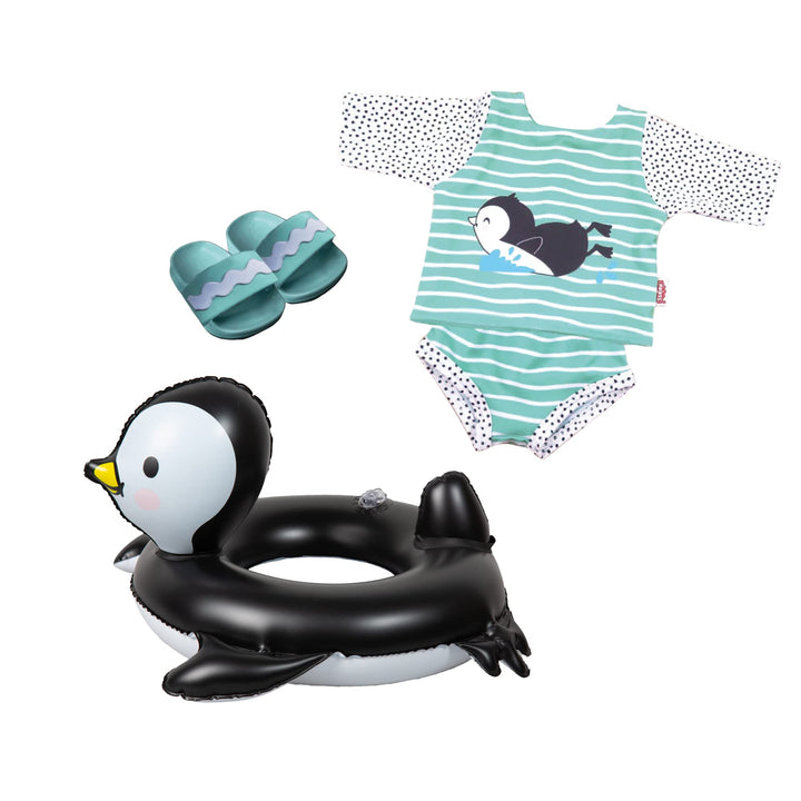 Heless 11 - Schwimm-Set für Puppen im Pinguin Pünktchen-Design, 4 teilig mit Schwimm-Outfit, Badesch