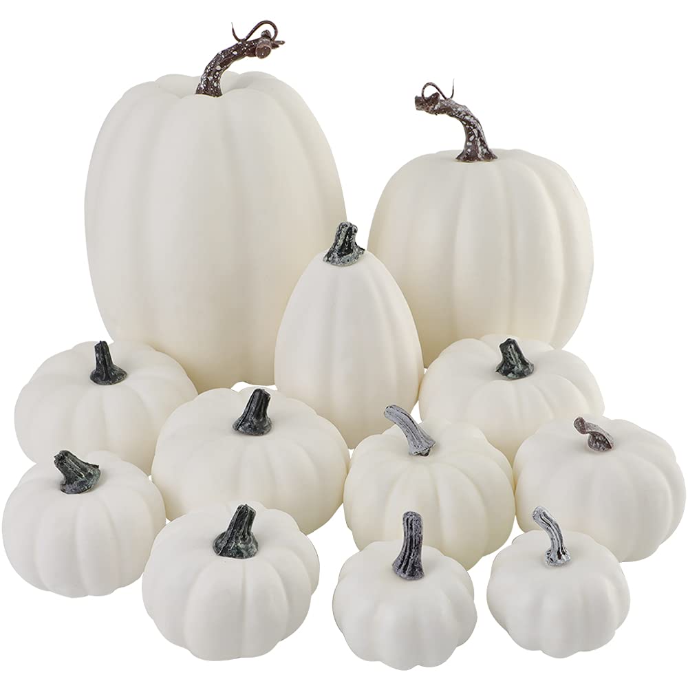 Miaikoe Paket von 12 Pcs Verschiedene Grössen Künstliche weisse Kürbisse Grosse Faux Ernte Kürbisse