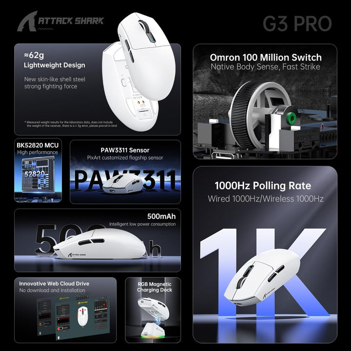 ATTACK SHARK G3PRO Gaming-Maus mit magnetischer Ladestation, PixArt PAW3311 Gaming-Sensor, Bluetooth
