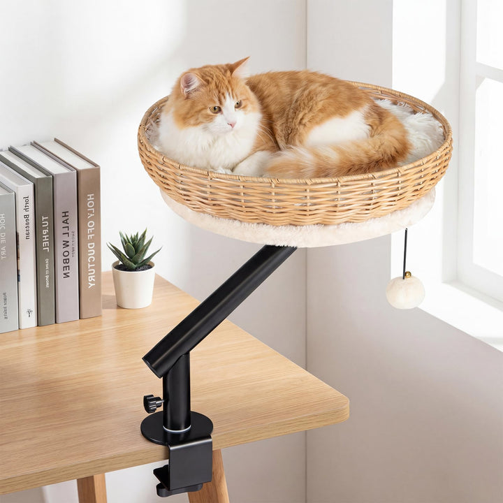 COSTWAY Katzenbett für Schreibtisch, Katzenkorb aus PE-Rattan, 360° drehbar, Katzen Schreibtischbett