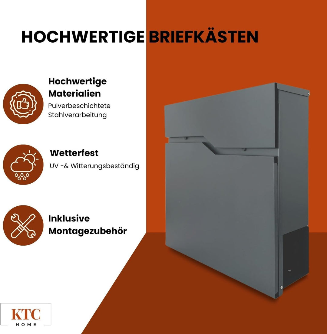 KTC- Home Premium Briefkasten Postlux 4.0 Anthrazit- mit Edelstahlblende- UV & Witterungsbeständig -