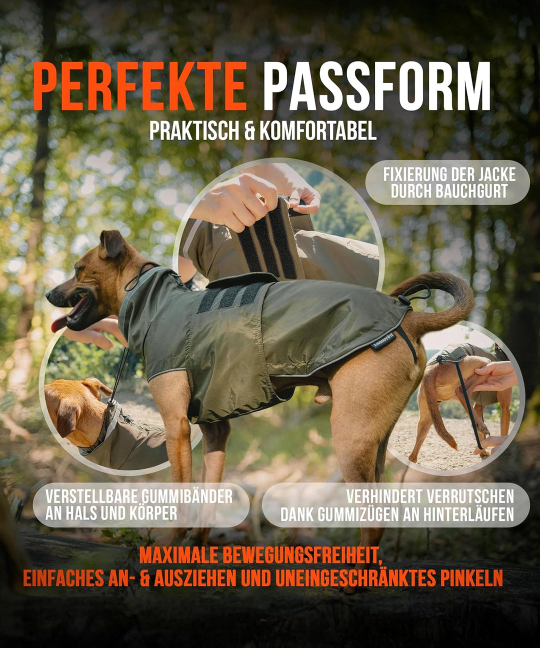 ZAUBERPFOTE® Hunderegenmantel London I Mit extra langem YKK® Reissverschluss für Halsband &amp; Geschirr