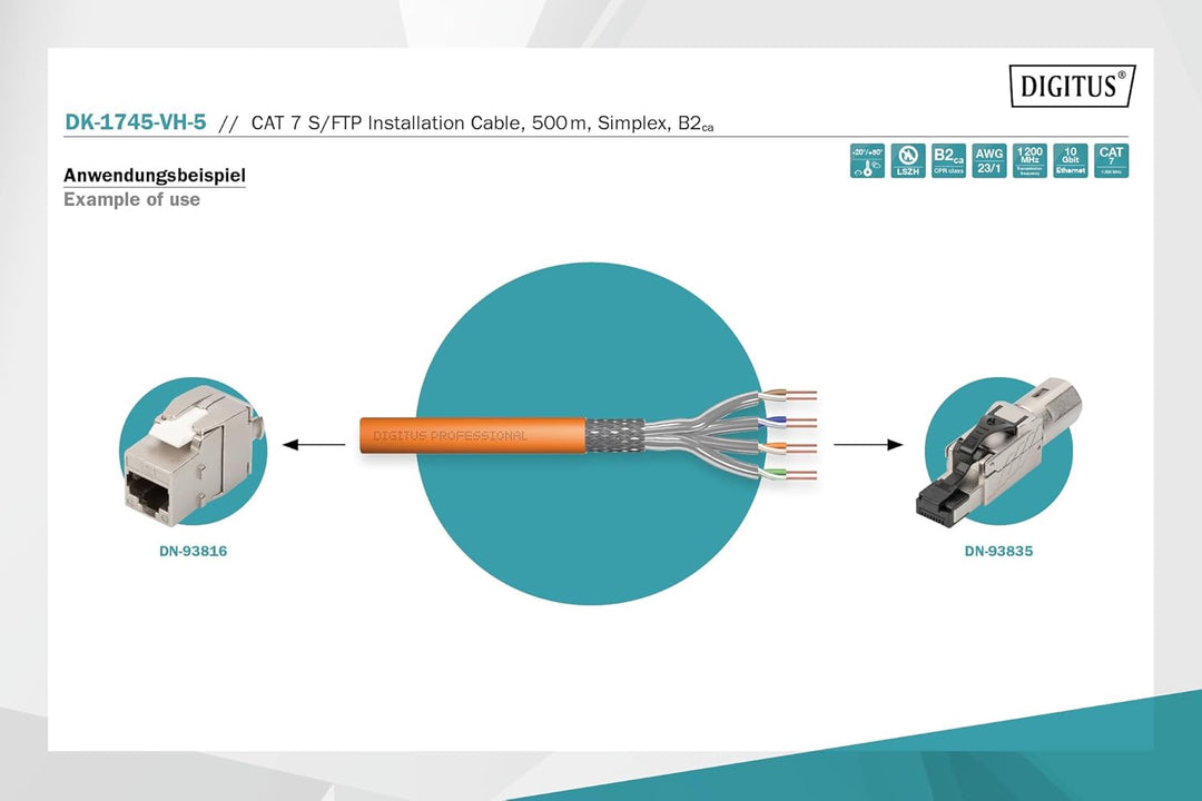 DIGITUS 500 m Cat 7 Netzwerkkabel - S-FTP (PiMF) Simplex - BauPVO B2ca - LSZH Halogenfrei - 1200 MHz