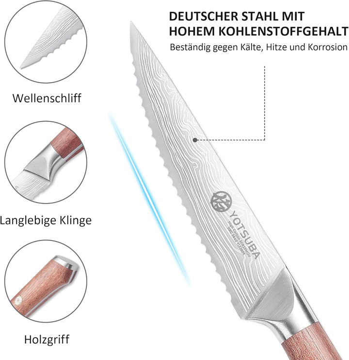 YOTSUBA Steakmesser Set 6-teilig, 12cm Küchen Steakbesteck Messer aus hochwertiger Deutscher Edelsta