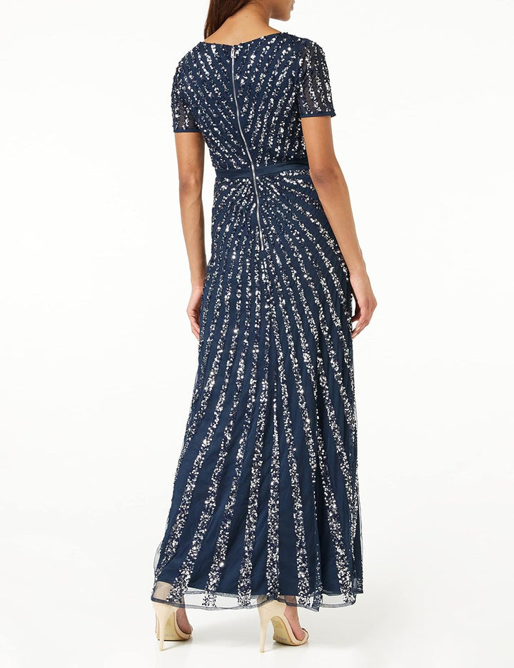 Maya Deluxe Damen Pailletten Maxi Abendkleid Elegant für Hochzeit V-Ausschnitt A-Linien-Schnitt Brau