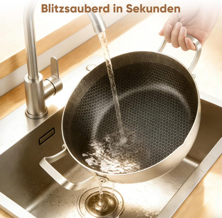 Schmorpfanne hoher Rand, Pfanne mit Deckel aus Glas,Wabenpfanne mit kratzfester Antihaftbeschichtung