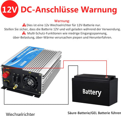 600W Wechselrichter Reiner Sinus Spannungswandler 12V auf 230V Power Inverter mit Fernbedienung und