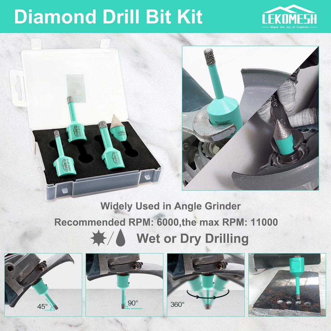 Diamant Bohrkrone Kit - 4 Stück (6/8/10mm+20mm Diamant Fasenfräser) LEKOMESH Diamant Lochsäge mit Pl