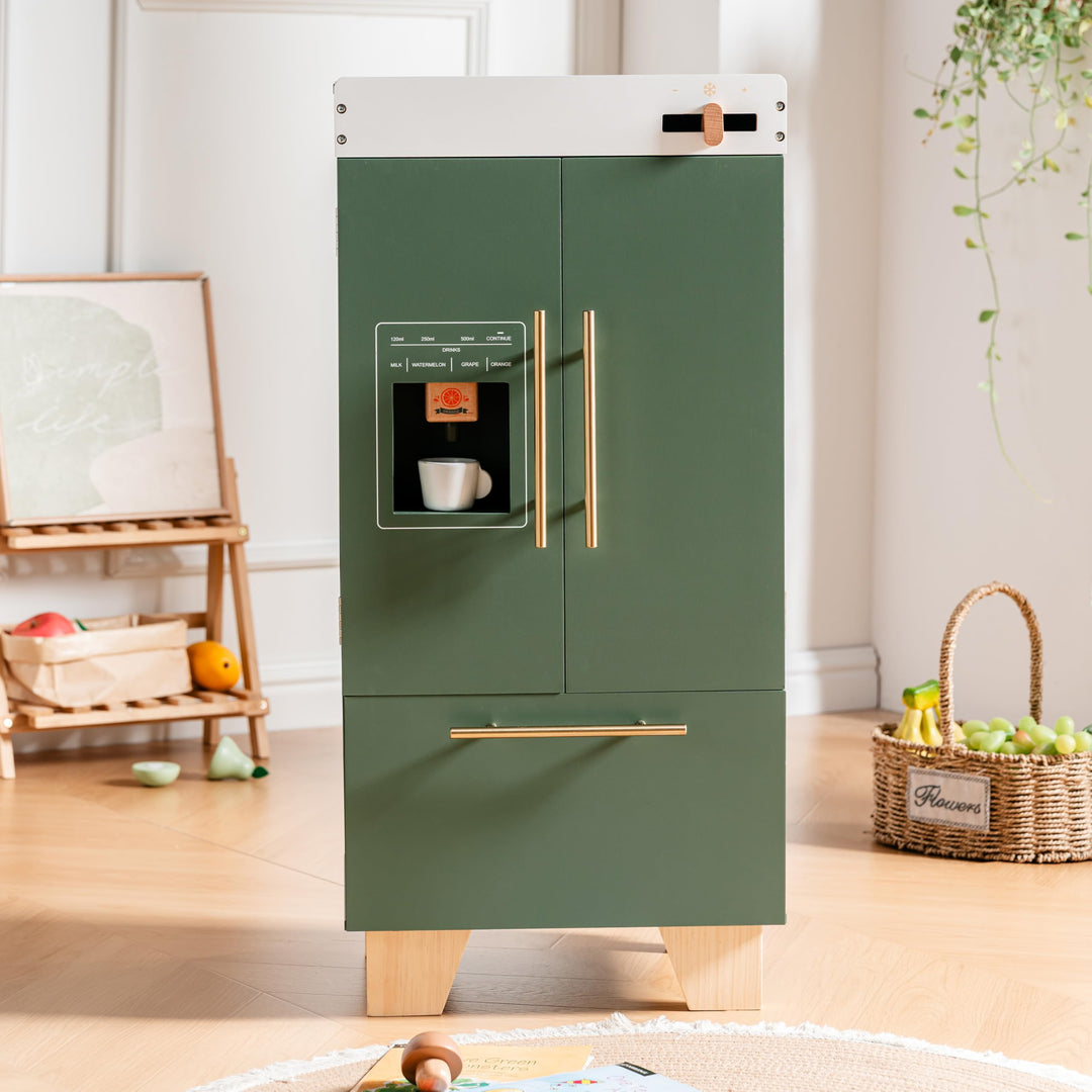 ROBUD Kinderküche Kühlschrank Holz, Kinder Spielküchen Zubehör mit Getränkeautomat - Simulation Spie