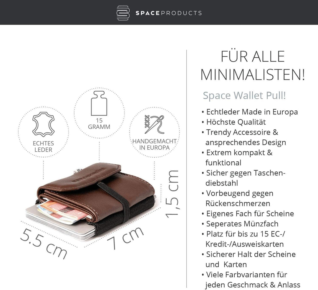 Kleine Geldbörse, praktisch, dünn, leicht, kompakt, 5,5 cm x 7 cm, echtes Leder – Space Wallet 2.0 P