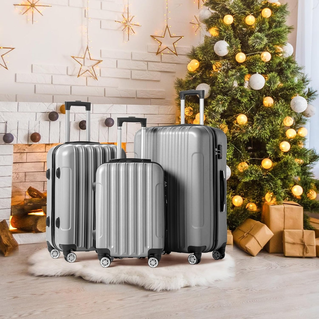 LEADZM 3er Kofferset Rollkoffer Hartschalen Reisekoffer Trolley Set Handgepäck 4 Rollen (Silbergrau)
