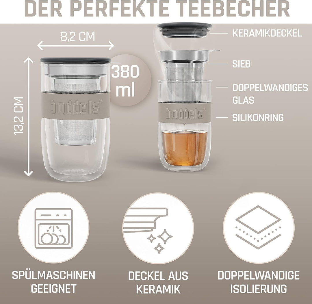 Glasbecher 380ml – Teebecher mit Sieb, Doppelwandig, Teetasse mit Edelstahl-Sieb, Keramik-Deckel, sp