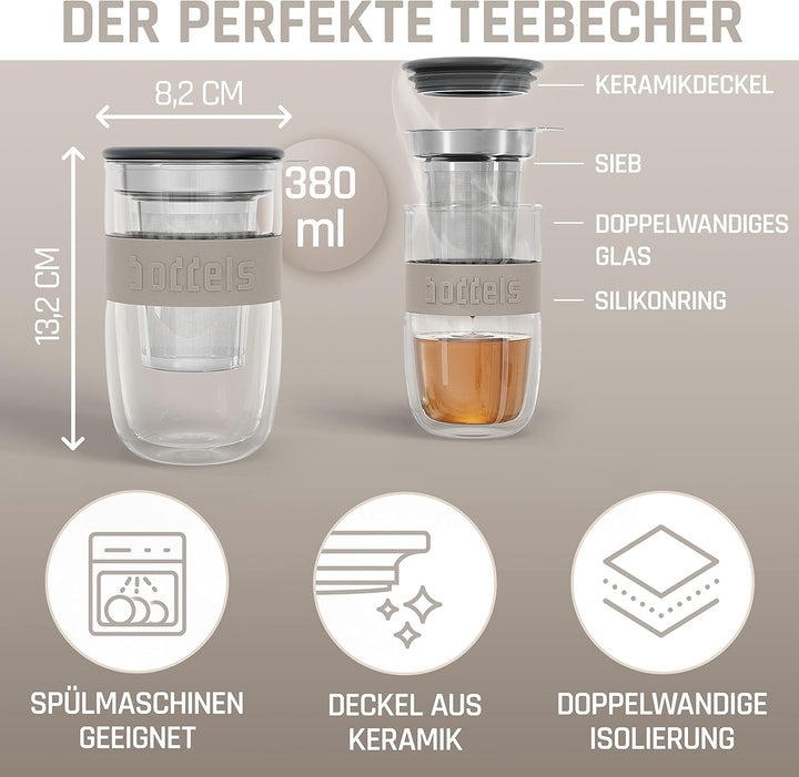 Glasbecher 380ml – Teebecher mit Sieb, Doppelwandig, Teetasse mit Edelstahl-Sieb, Keramik-Deckel, sp