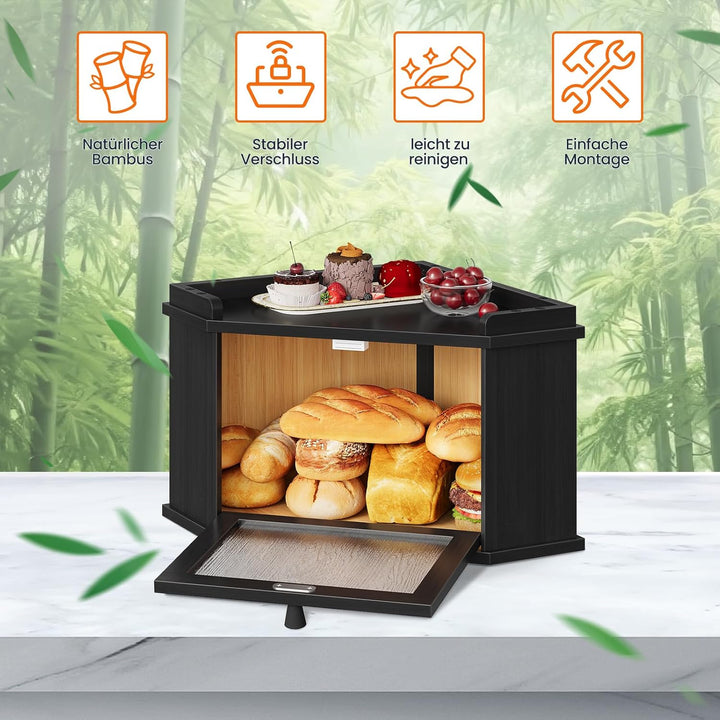 HOOBRO Brotkasten Bambus mit Gewellter Acryltür, Brotbox, Brotaufbewahrung für Brötchen und Gebäck,