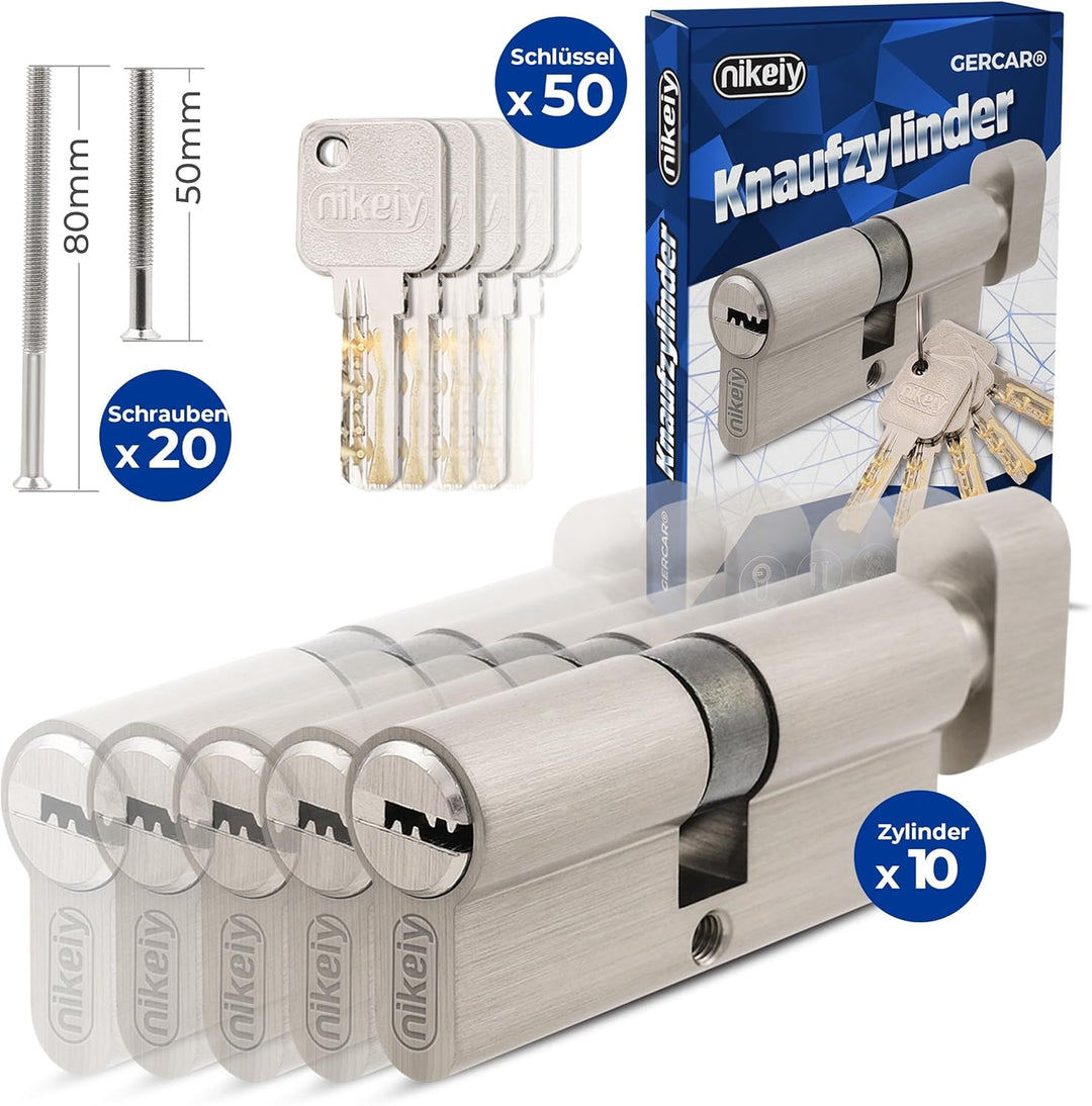 GERCAR Pro 10x Knaufzylinder 30/30 gleichschliessend Set 10 Schliesszylinder mit Knauf inkl. 50 Schl