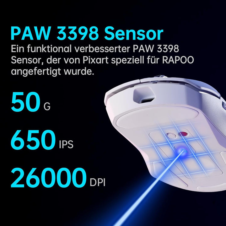 Rapoo VT9 Pro Kabellose Gaming-Maus mit PAW 3398 Sensor, 26000 DPI, 1 ms Reaktionszeit, 10 programmi