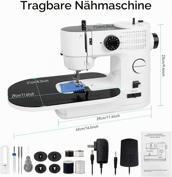 Nähmaschine für Anfänger mit Anschiebetisch, Qoosea 39 Stiche Klein Nähmaschine Kinder Portable Mini