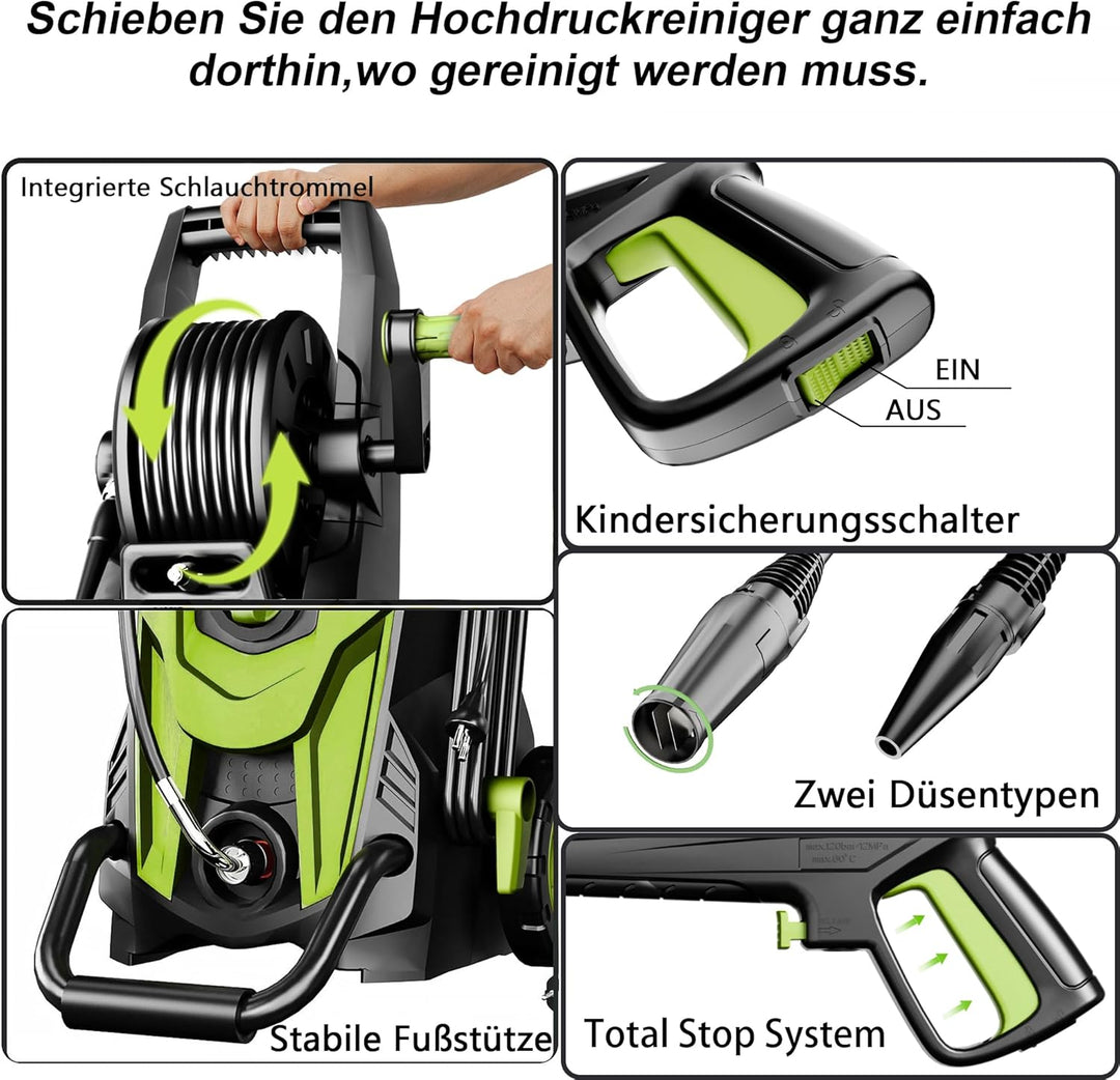 Hochdruckreiniger, Druck: max. 145 bar, 6-in-1-Düse, Fördermenge: 420 l/h, Flächenleistung: 50 m²/h,